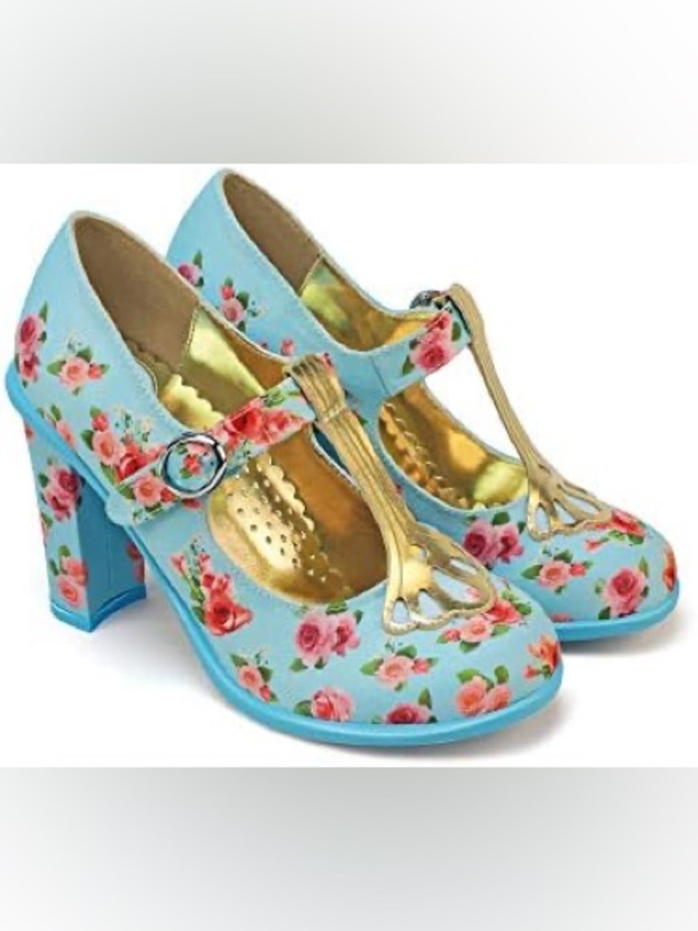 Hot Chocolate Emma Floral Roses Platforms Heels T-Bar Mary Janes Blue EU 37